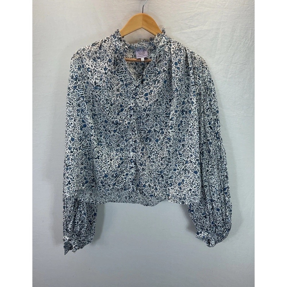 Thierry Colson Peasant Blouse Blue Floral Hi Lo Balloon Sleeve Ruffle Neck Sz M